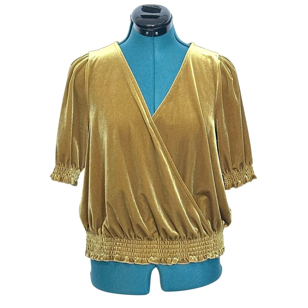 Madewell Shirt Womens Medium Gold Velvet Wrap Puff Sleeve‎ Smocked Hem Top